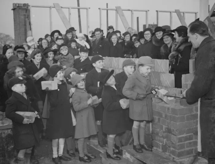 Framed Print : Children laying the foundation bricks at the building of the new Baptist Hall at Sidcup Framed Print : Children laying the foundation bricks at the building of the new Baptist Hall at Sidcup