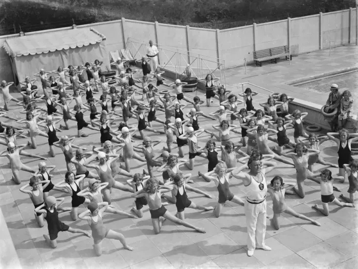 Framed Print : Children performing drills at the Swanscombe Baths in Kent. The instructor is Mr Framed Print : Children performing drills at the Swanscombe Baths in Kent. The instructor is Mr