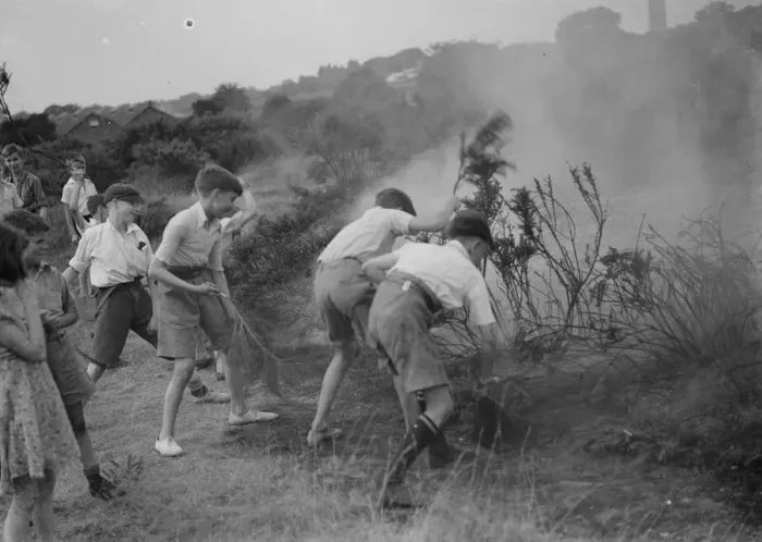 Framed Print : Children putting out fire, Dartford Heath. 1937 Framed Print : Children putting out fire, Dartford Heath. 1937