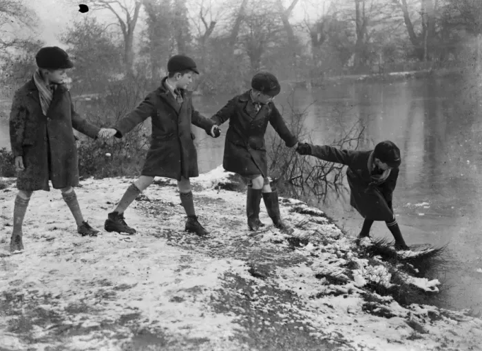 Framed Print : Children testing the ice. 1935 Framed Print : Children testing the ice. 1935