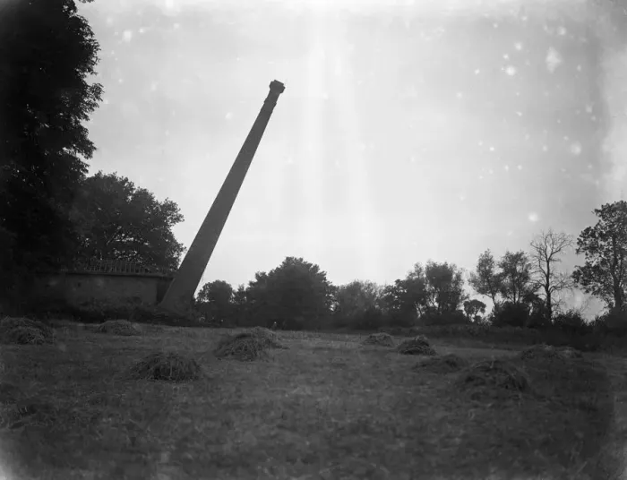 Framed Print : Chimney felling by gelignite at Bedfont Powder Mills, Hounslow. The chimney falling Framed Print : Chimney felling by gelignite at Bedfont Powder Mills, Hounslow. The chimney falling