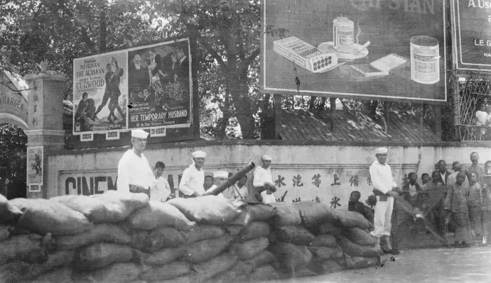 Framed Print : Chinese war. American sailors guarding an approach to the French conession at Hankow Framed Print : Chinese war. American sailors guarding an approach to the French conession at Hankow
