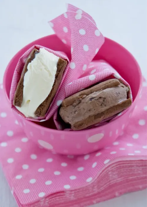 Framed Print : Chocolate and vanilla icecream in homemade chocolate biscuits wrapped in spotty pink Framed Print : Chocolate and vanilla icecream in homemade chocolate biscuits wrapped in spotty pink