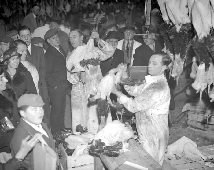 Framed Print : Christmas, 1936. Auctioning the Christmas Turkey. 23 December 1936