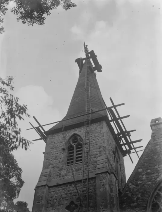 Framed Print : The church spire in North Cray, Kent, being reshingled. 1938 Framed Print : The church spire in North Cray, Kent, being reshingled. 1938