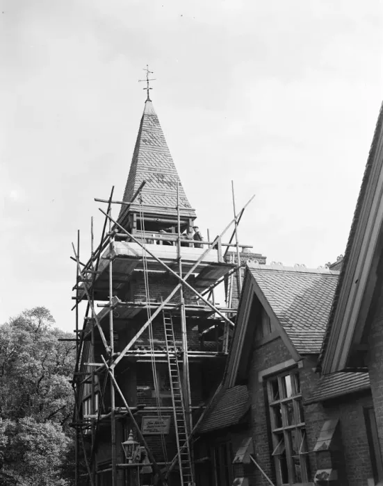 Framed Print : Clock tower repairs at the Harenc School in Foots Cray, Kent. 1937 Framed Print : Clock tower repairs at the Harenc School in Foots Cray, Kent. 1937