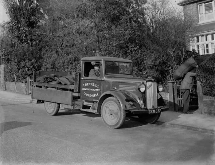 Framed Print : Coal delivery by one of the coal vans from T Denness, Coal and Coke Merchants in Framed Print : Coal delivery by one of the coal vans from T Denness, Coal and Coke Merchants in