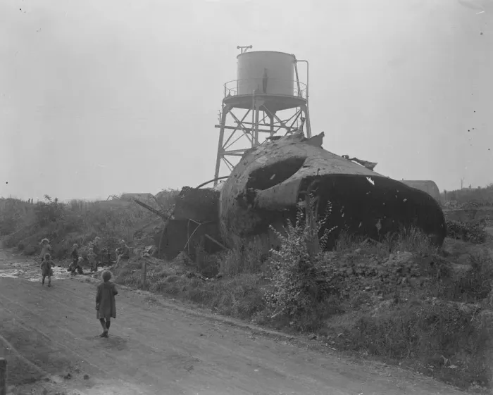 Framed Print : Coal from war wrecked coalfield of Lens. A new water tower and the old. In