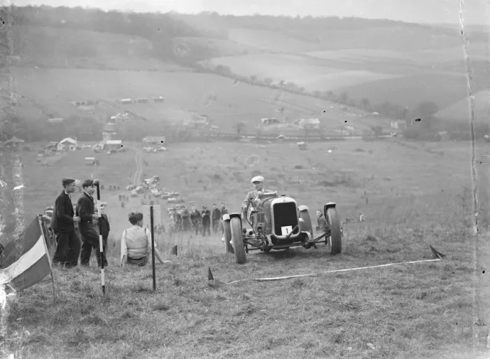 Framed Print : Competitor at the start on the course for the car hillclimb. 1935