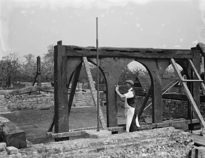 Framed Print : Construction work being done on an old farm house in Scadbury, London. 1936 Framed Print : Construction work being done on an old farm house in Scadbury, London. 1936