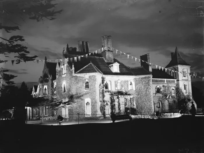 Framed Print : Coronation decorations at the floodlit Sidcup Place, Kent, to celebrate the coronation