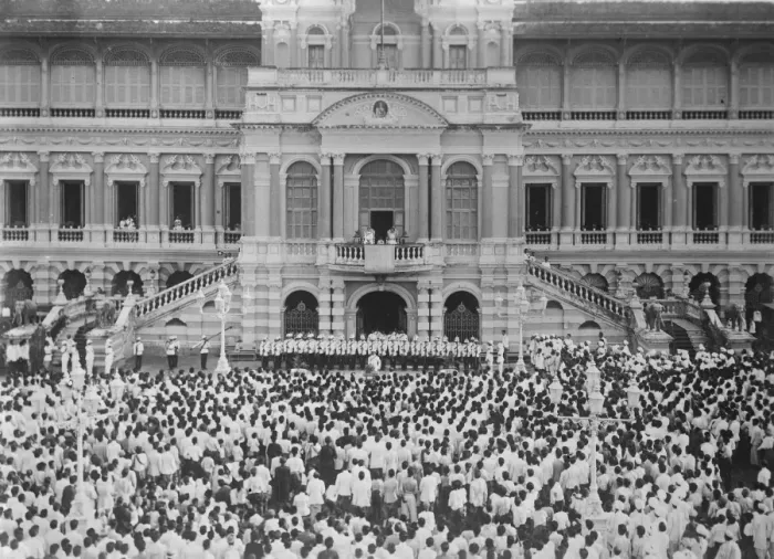 Framed Print : Coronation of the King of Siam at Bangkok. The King and Queen on the balcony receiving Framed Print : Coronation of the King of Siam at Bangkok. The King and Queen on the balcony receiving