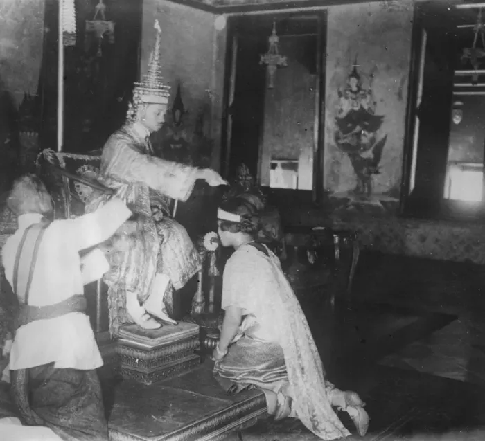 Framed Print : Coronation of the King of Siam at Bangkok. The Prajadhipok anointing the Queen Framed Print : Coronation of the King of Siam at Bangkok. The Prajadhipok anointing the Queen