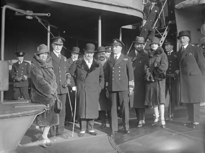 Framed Print : Count Volpi, the Italian finance minister visits Portsmouth. A group on HMS Repulse Framed Print : Count Volpi, the Italian finance minister visits Portsmouth. A group on HMS Repulse