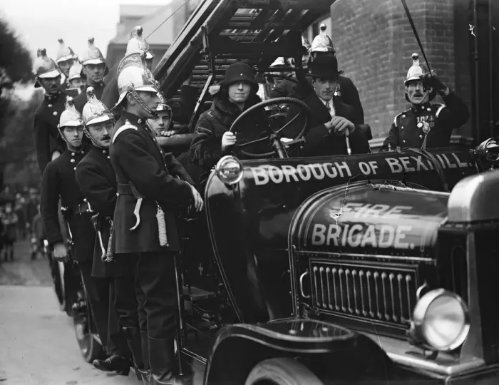 Framed Print : Countess de la Warr christens new steam fire engine at Bexhill. The Countess driving Framed Print : Countess de la Warr christens new steam fire engine at Bexhill. The Countess driving
