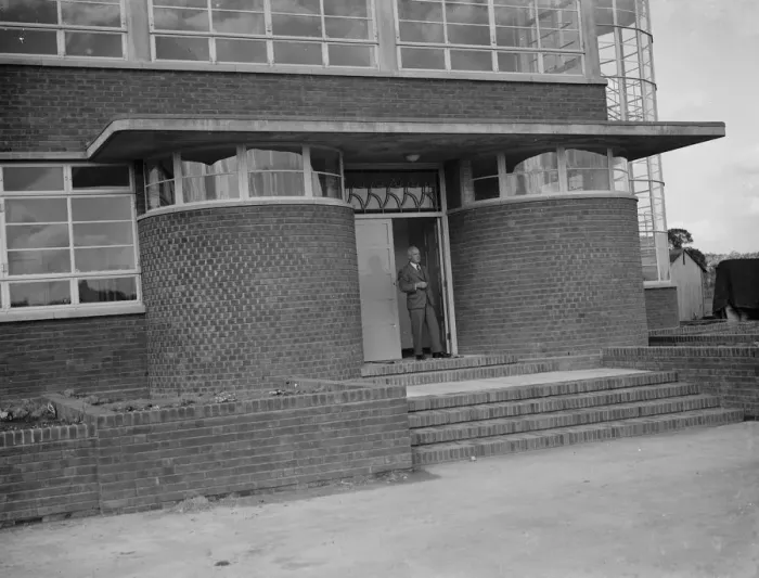 Framed Print : The County School for Boys in Sidcup, London. The entrance of the new building Framed Print : The County School for Boys in Sidcup, London. The entrance of the new building