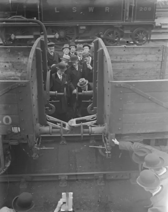 Framed Print : Coupling up railway carriages. New Safety Device Tested at Clapham Junct L ands W Rly Framed Print : Coupling up railway carriages. New Safety Device Tested at Clapham Junct L ands W Rly
