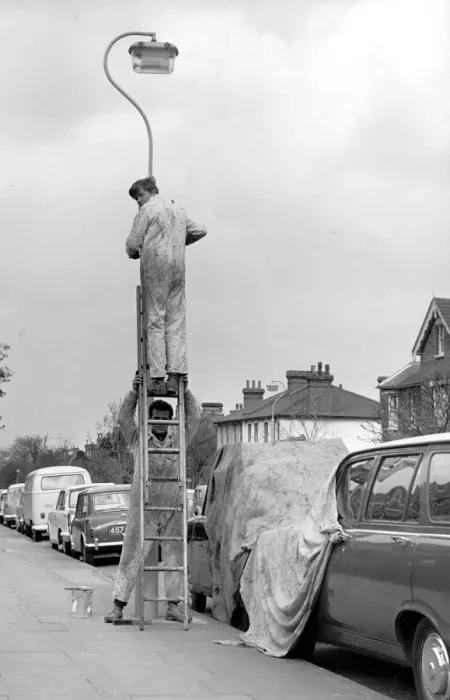 Framed Print : Courtesy Covers For Kerbside Cars. Workmen in a Sidcup Street in Kent. Painters carefully Framed Print : Courtesy Covers For Kerbside Cars. Workmen in a Sidcup Street in Kent. Painters carefully