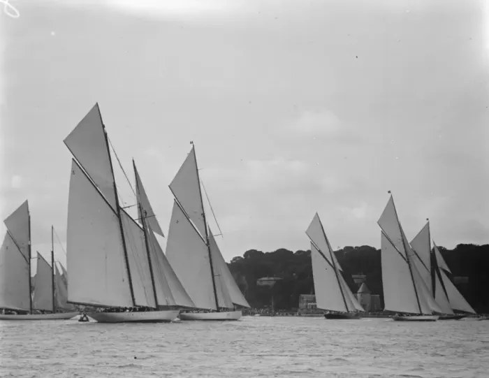Framed Print : Cowes week. the start of the race for yachts exceeding 100 tons, which was won Framed Print : Cowes week. the start of the race for yachts exceeding 100 tons, which was won