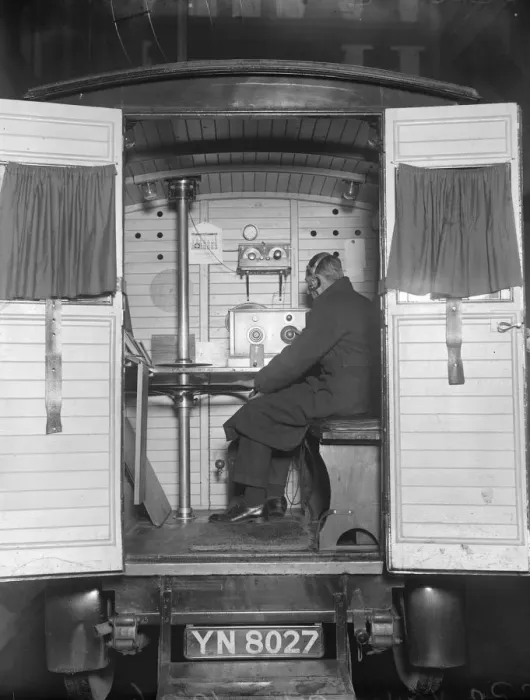 Framed Print : CPO Wireless van for detecting oscillation. The operator tuning in. 17 January 1927