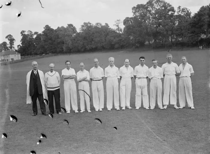 Framed Print : Cricket scenes in Wilmington, Kent. Veteran cricketers stand in a line Framed Print : Cricket scenes in Wilmington, Kent. Veteran cricketers stand in a line