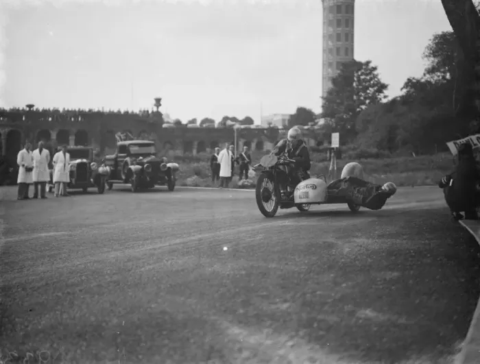 Framed Print : Crystal Palace road racing. A H Horton races round the corner with his partner Framed Print : Crystal Palace road racing. A H Horton races round the corner with his partner