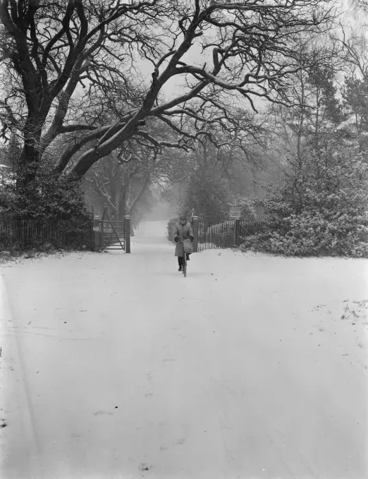 Framed Print : Cycling through the snow in Chislehurst. 26 December 1938 Framed Print : Cycling through the snow in Chislehurst. 26 December 1938