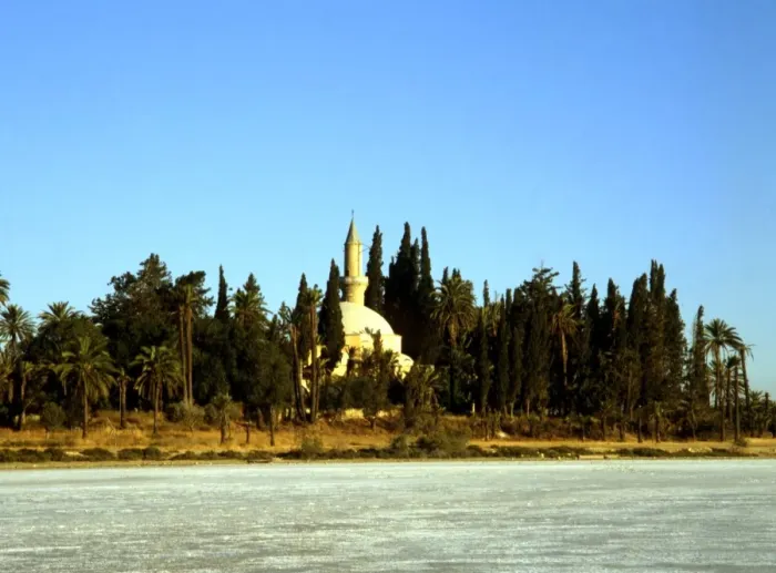 Framed Print : Cyprus. Hala Sultan Tekke across Salt Flat lake