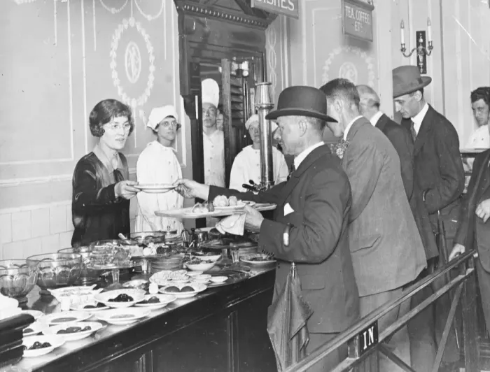 Framed Print : (damaged caption) A new cafeteria - or help yourself restaurant