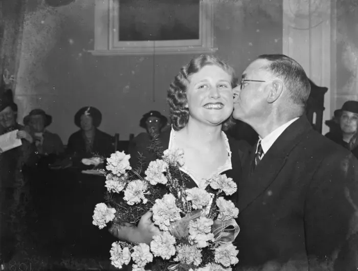 Framed Print : The Dartford Carnival Queen Miss Joan Tompkins receiving a kiss from the Mayor of Framed Print : The Dartford Carnival Queen Miss Joan Tompkins receiving a kiss from the Mayor of