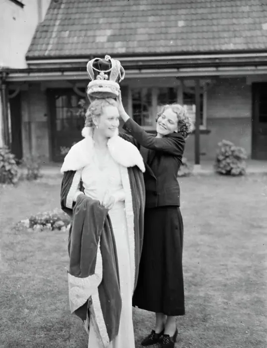 Framed Print : The Dartford Carnival queen trys on the queens gown. 1938 Framed Print : The Dartford Carnival queen trys on the queens gown. 1938