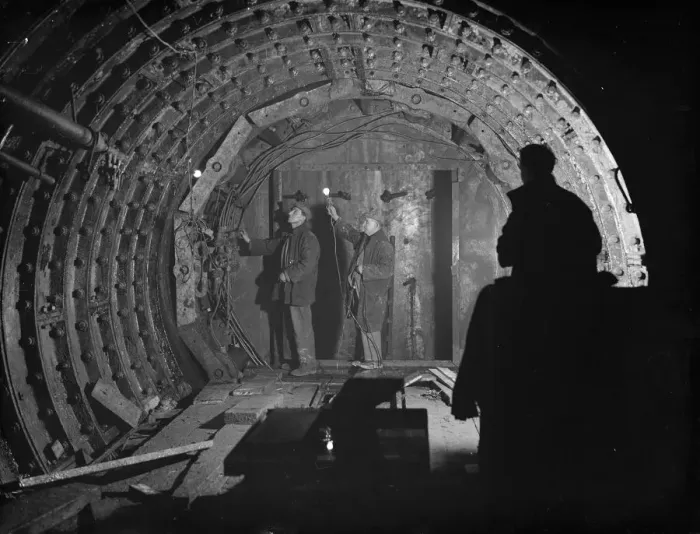 Framed Print : The Dartford tunnel men working on the inner wall shielding. 1938