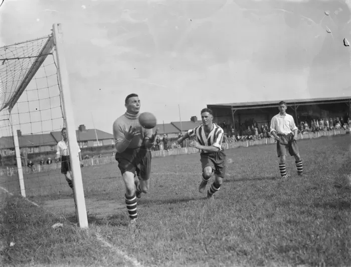 Framed Print : Dartford versus Guildford football match. Goal mouth action. 1939 Framed Print : Dartford versus Guildford football match. Goal mouth action. 1939