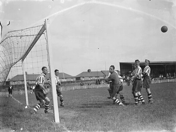 Dartford versus Guildford football match. Goal mouth action. 1939