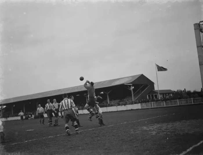 Framed Print : Dartford versus Northfleet. Action from the game. 1939 Framed Print : Dartford versus Northfleet. Action from the game. 1939