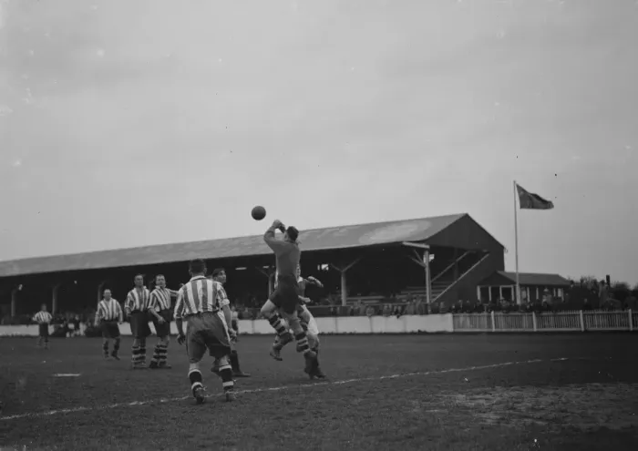 Framed Print : Dartford versus Northfleet. Action from the game. 1939 Framed Print : Dartford versus Northfleet. Action from the game. 1939