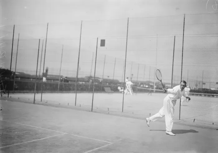 Framed Print : Davis Cup tennis at Deauville Mr R G N Turnbull playing in the singles 28 August 1919 Framed Print : Davis Cup tennis at Deauville Mr R G N Turnbull playing in the singles 28 August 1919