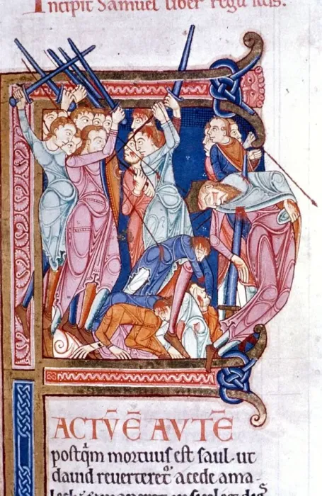 Framed Print : The death of Saul at Gilboa from 12th Century Lambeth Bible Framed Print : The death of Saul at Gilboa from 12th Century Lambeth Bible