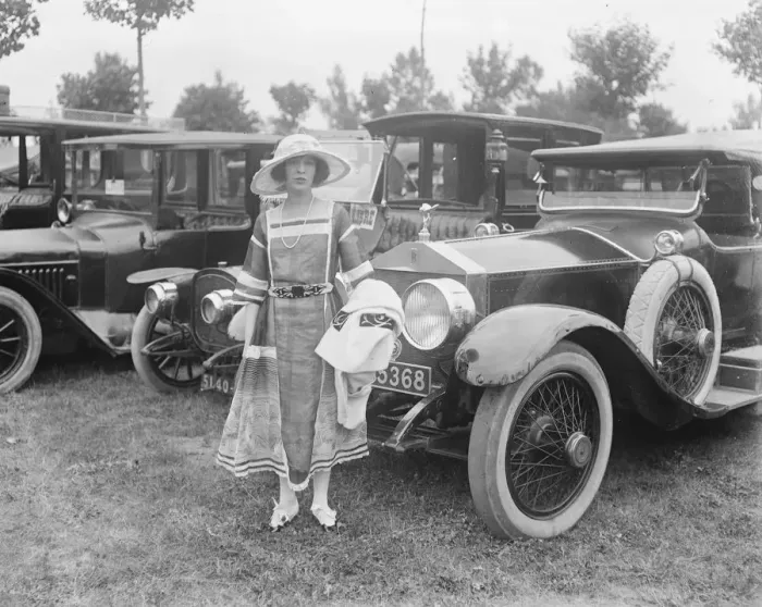 Framed Print : At Deauville Races. Lady Peek standing by her Rolls Royce. 11 August 1921 Framed Print : At Deauville Races. Lady Peek standing by her Rolls Royce. 11 August 1921
