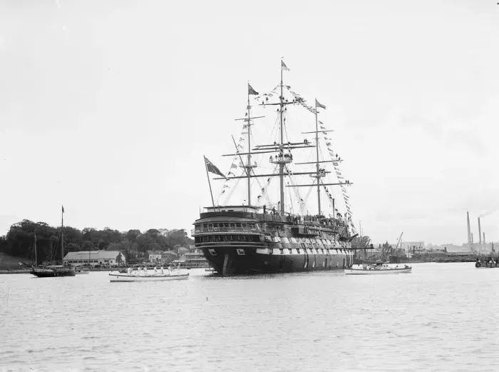 Framed Print : A decorated HMS Worcester, the training ship which is part of the Thames Nautical Framed Print : A decorated HMS Worcester, the training ship which is part of the Thames Nautical