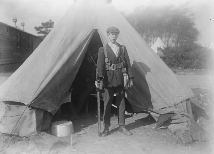 Framed Print : With the defence corps on Wimbledon common One of the recruits on duty in the camp 14