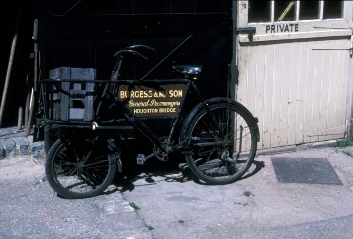 Framed Print : Delivery Bike : Burgess and & Mason, General Ironmonger, Houghton Bridge, Amberley