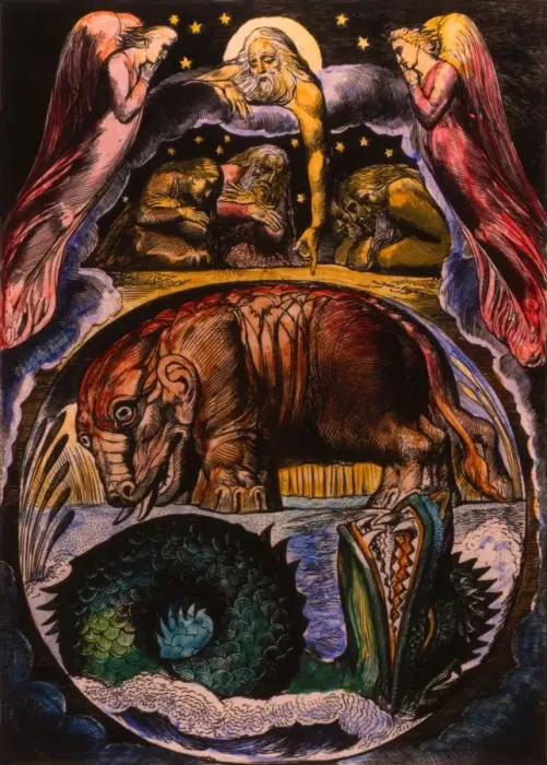 Framed Print : The demon-forms of Behemoth and Leviathan as visualized by William Blake in his Illustration Framed Print : The demon-forms of Behemoth and Leviathan as visualized by William Blake in his Illustration