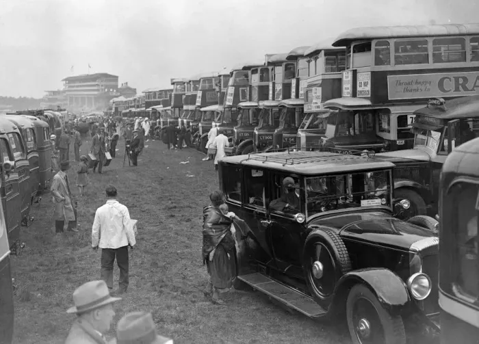 Framed Print : Derby Day at Epsom Racecourse. London Transport Buses at the Derby. 1934 Framed Print : Derby Day at Epsom Racecourse. London Transport Buses at the Derby. 1934
