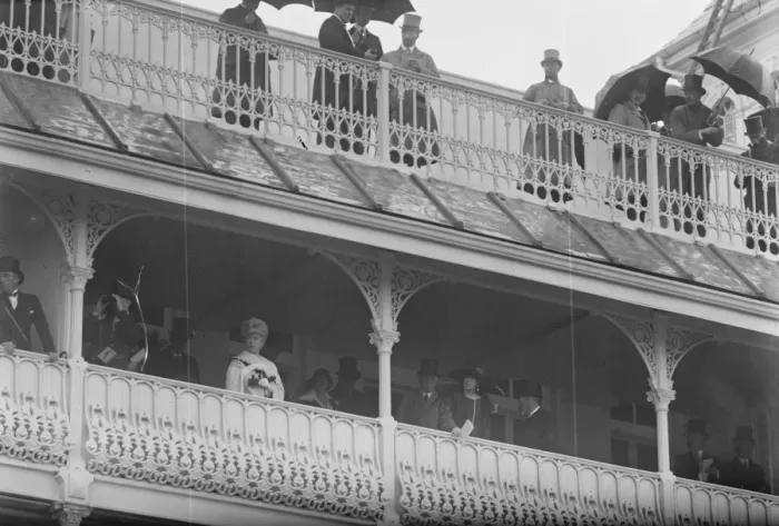 Framed Print : Derby day. Left to right : Queen Mary, Duke of Connaught, the Queen of Rumania and the King