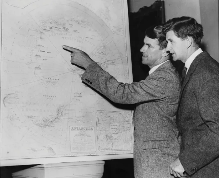 Framed Print : Discussing the parts they are to play in the British Antarctic Expedition to be led by Dr Fuchs Framed Print : Discussing the parts they are to play in the British Antarctic Expedition to be led by Dr Fuchs