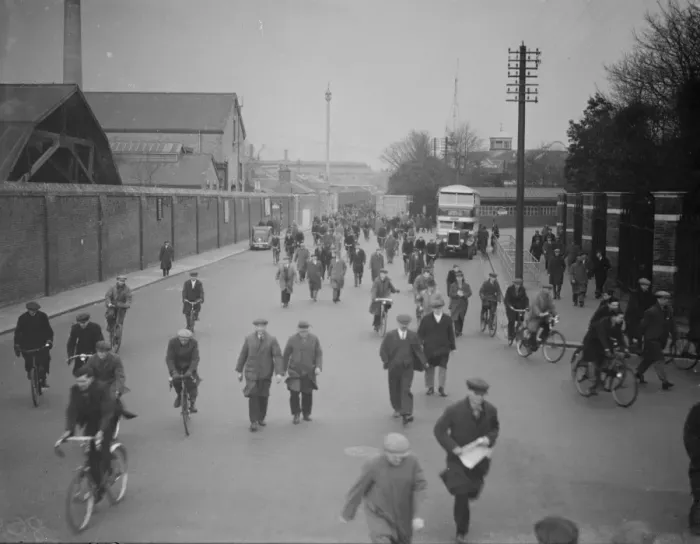 Framed Print : Dockers arriving for work at Chatham dockyard. 1938 Framed Print : Dockers arriving for work at Chatham dockyard. 1938