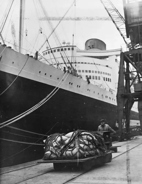 Framed Print : Dockers at Southampton were busy unloading a valuable cargo from the 85, 000 ton liner Framed Print : Dockers at Southampton were busy unloading a valuable cargo from the 85, 000 ton liner