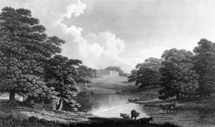 Framed Print : Dogmersfield House and Park, Hampshire - engraving after J. Landseer, early 19th