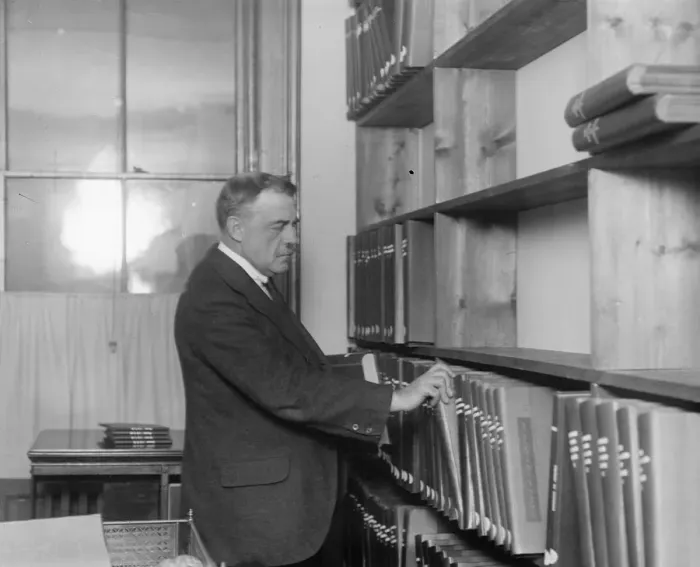 Framed Print : Dr Lloyd Johnsone, Blind Librarian to the Braille Medico - Scientific. The library Framed Print : Dr Lloyd Johnsone, Blind Librarian to the Braille Medico - Scientific. The library